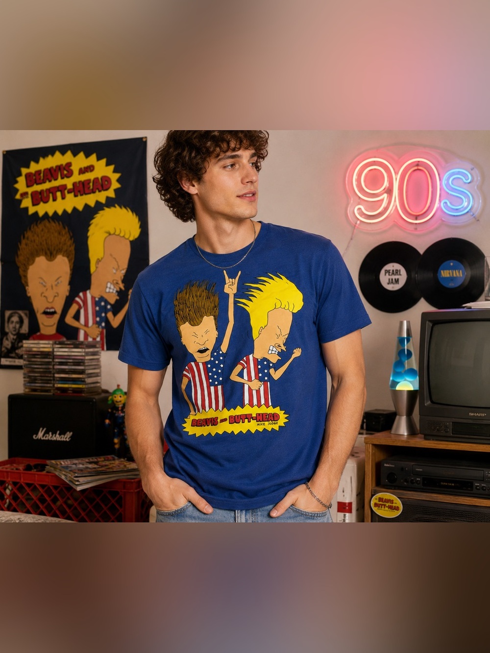Beavis and Butt-Head USA Flag Graphic Tee Small Blue MTV Cartoon 90s Retro Shirt